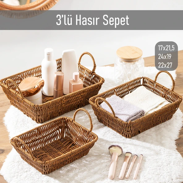 Porsima 301-C Dikdörtgen 3'lü Hasır Sepet Dekoratif Ev Düzenleyici Kendinden Kulplu Hasır Sepet Seti Banyo Düzenleyici Sepet ürün görseli 1