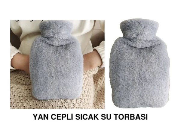 SICAK SU TORBASI YAN CEPLİ GRİ  PELUŞ TERMOFOR 27x17x2cm  750ml ürün görseli 1
