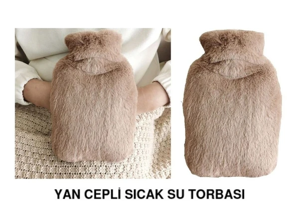 SICAK SU TORBASI YAN CEPLİ BEJ  PELUŞ TERMOFOR 27x17x2cm  750ml ürün görseli 1