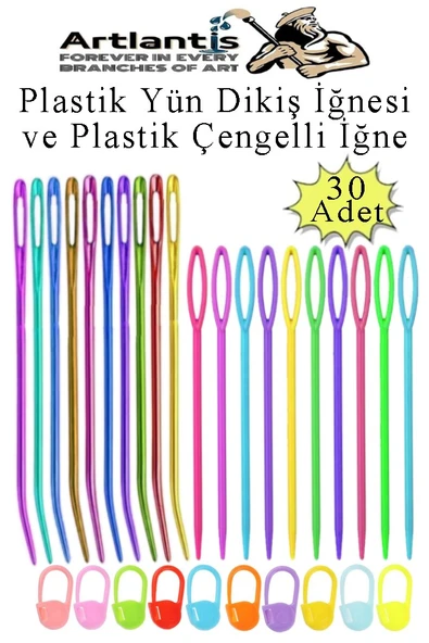 Düz ve Kıvrımlı Plastik Yün İğnesi ve Çengelli İğne 30 Adet 1 Paket Plastik Dikiş Dokuma İğne Kavisli İplik İğne Goblen ürün görseli 1