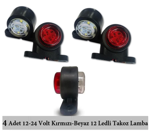 4 Adet 12 Ledli Mini Takoz Lamba 12-24 Volt Kırmızı Beyaz ürün görseli 1