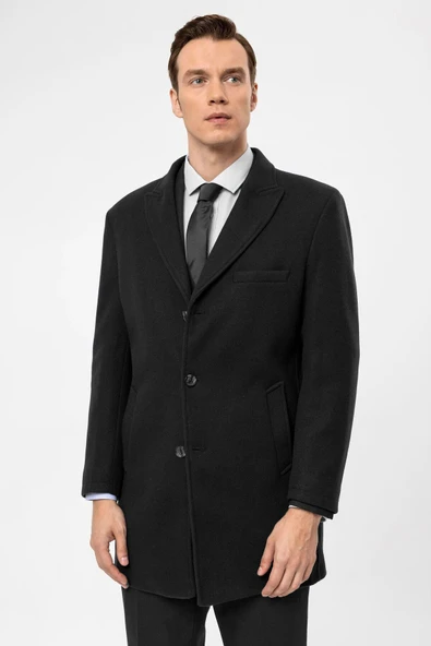 Süvari Slim Fit Yünlü Sivri Yaka Antrasit Erkek Kaban ürün görseli 1