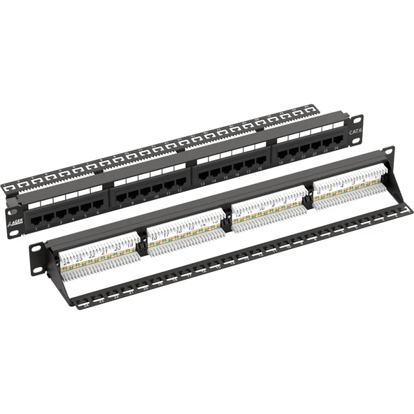 AGER AC-611-24E 8P8C,LSA,ALTIN KONTAK 24 PORT CAT6 DOLU 1U ZIRHSIZ PATCH PANEL ürün görseli 1