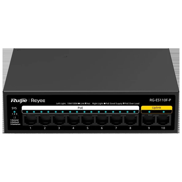RUIJIE REYEE RG-ES110F-P 8 PORT 10/100 8 PORT POE 2 PORT FAST ETHERNET UPLINK 110W YONETILEMEZ DESKTOP SWITCH ürün görseli 1