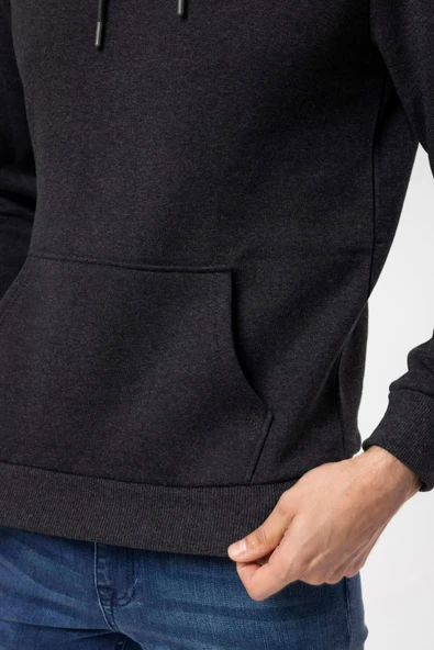 Süvari Kapüşonlu Yaka Regular Kalıp Düz Antrasit Sweatshirt - Resim 5