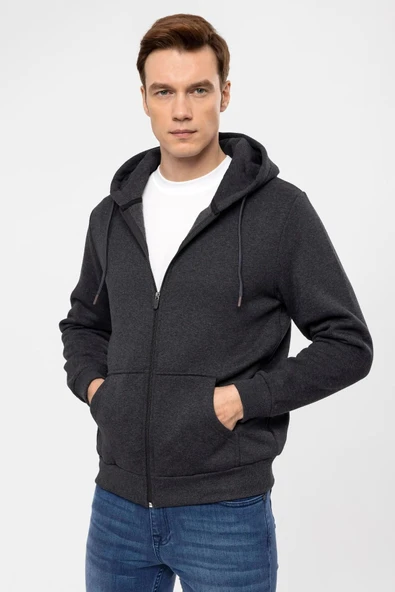 Süvari Kapüşonlu Fermuarlı Yaka Regular Kalıp Düz Antrasit Sweatshirt ürün görseli 1