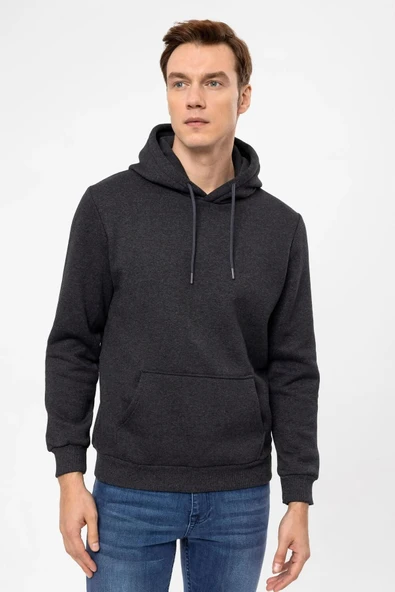 Süvari Kapüşonlu Yaka Regular Kalıp Düz Antrasit Sweatshirt - Resim 4