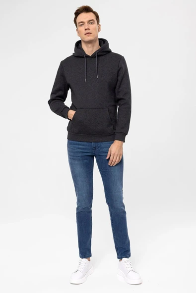 Süvari Kapüşonlu Yaka Regular Kalıp Düz Antrasit Sweatshirt - Resim 2