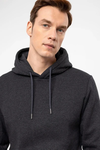 Süvari Kapüşonlu Yaka Regular Kalıp Düz Antrasit Sweatshirt - Resim 6