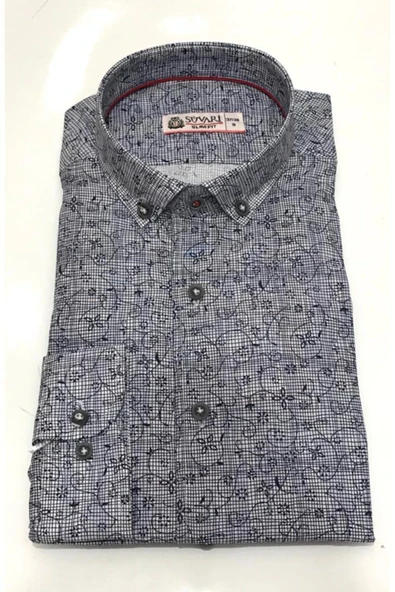 Slim Fit Baskılı Mavi Küçük Beden Gömlek ürün görseli 1