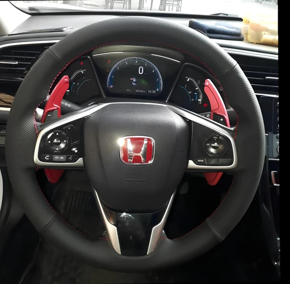 DİKİŞLİ DİREKSİYON KILIFI SİYAH DERİ NOKTALI DERİ KIRMIZI DİKİŞLİ HONDA CİVİC FC5 İÇİN ürün görseli 1
