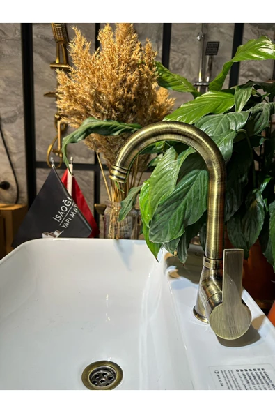 Antik Gold Lavabo Bataryası Kolay Abdest Tasarım Yüksek Lavabo Musluğu Leke Kireç Tutmayan Model ürün görseli 1