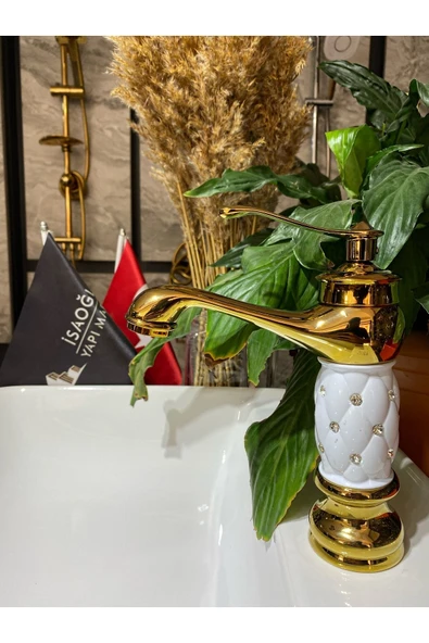 Gold Lavabo Bataryası Altın Lavabo Musluk Taşlı Özel Tasarım Altın Batarya ürün görseli 1