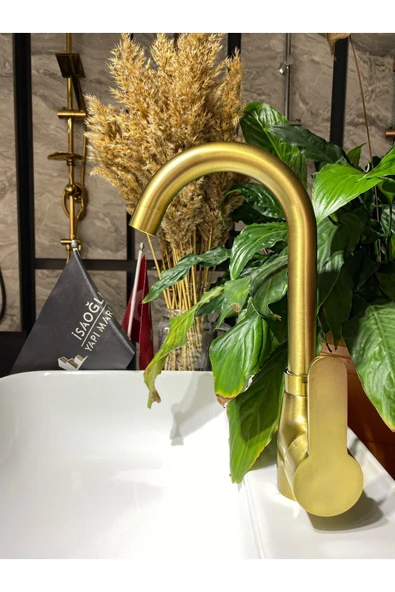 Mat Altın Lavabo Bataryası Gold Lavabo Musluğu Fırçalanmış Gold Banyo Bataryası Altın Musluk ürün görseli 1