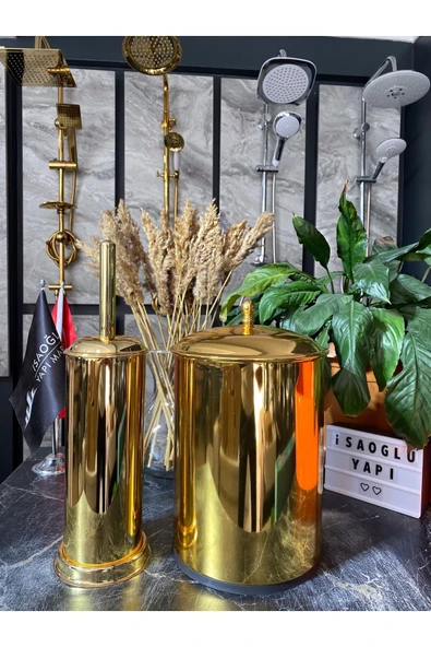 Parlak Gold Zen Design Vintage Banyo Çöp Kova Ve Fırça Seti ürün görseli 1