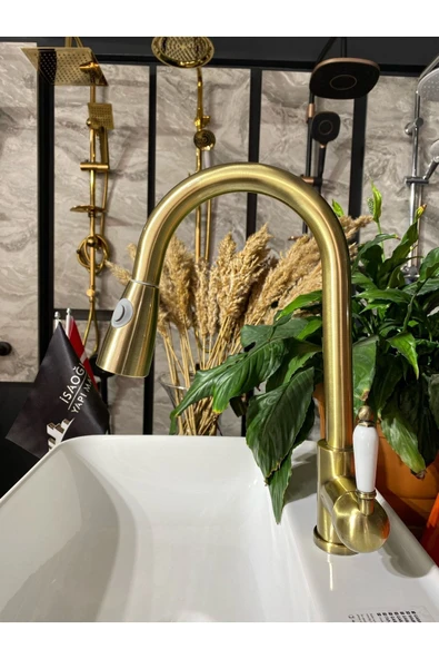 Antik Gold Luxury Spiralli Mutfak Bataryası Mat Altın Uzayan Başlıklı Evye Bataryası Gold Musluk ürün görseli 1