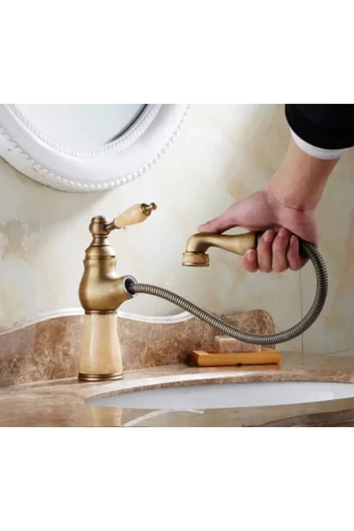 Antik Gold Spiralli Lavabo Bataryası Vintage Tasarım Mermerli Lavabo Musluğu Uzayan Sistem ürün görseli 1