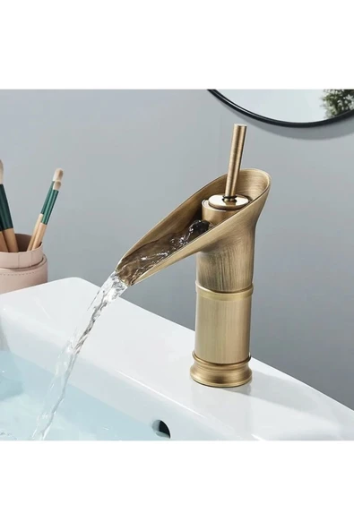 Şelale Batarya Antik Gold Şelale Musluk Doğal Akışlı Mat Antik Gold Lavabo Bataryası ürün görseli 1
