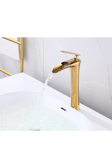 Şelale Lavabo Bataryası Gold Çanak Lavabo Bataryası Şelale Akışlı Altın Lavabo Musluk Banyo Batarya ürün görseli 1
