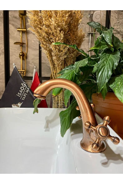 Mat Bakır Bronz Lavabo Bataryası Eskitme Lavabo Musluk Bronz Musluk Premium Design ürün görseli 1