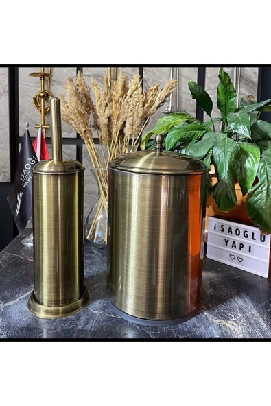 Antik Gold Banyo Kovası ve Fırça Seti Klasik Tasarım Vintage Banyo Seti ürün görseli 1