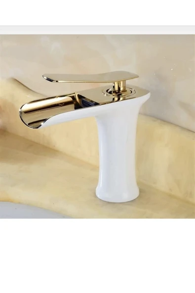 Lavabo Bataryası Gold Beyaz Lavabo Musluğu Şelale Akışlı Naturel Batarya Altın Beyaz ürün görseli 1