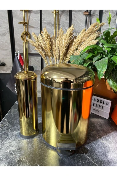 Parlak Gold Altın Banyo Çöp Kova Ve Fırça Seti ürün görseli 1