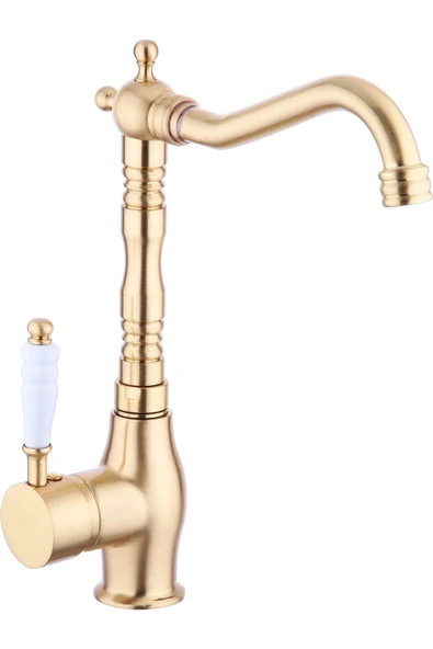 Mutfak Bataryası Gold Evye Musluğu İşlemeli Porsalen Armatür Vintage Tasarım Evye Bataryası Altın ürün görseli 1