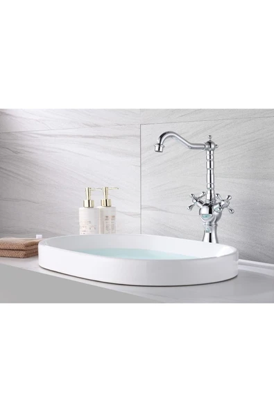 Gümüş Çanak Lavabo Bataryası Krom Çanak Lavabo Musluğu Vintage Tasarım Çanak Armatürü ürün görseli 1