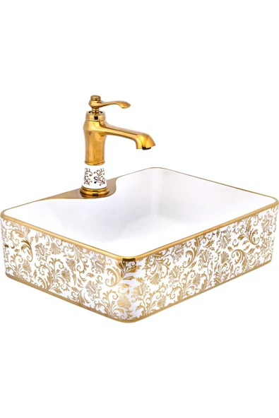 Gold Çanak Lavabo Kare Tasarım Gold Beyaz İşlemeli Seramik 48X37 Armatür Hariçtir ürün görseli 1