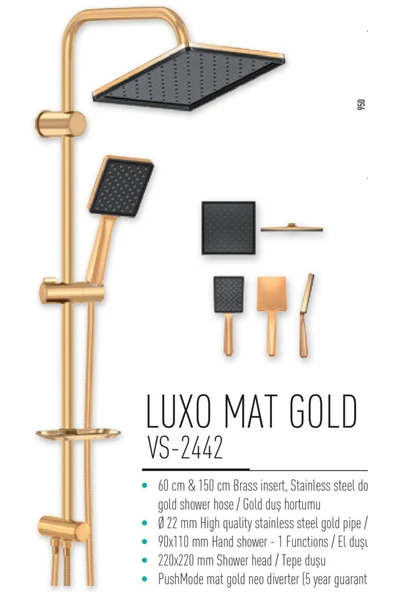 Mat Gold Tepe Yağmurlama Sistemi Kare Tasarım Mat Gold Duş Seti ürün görseli 1