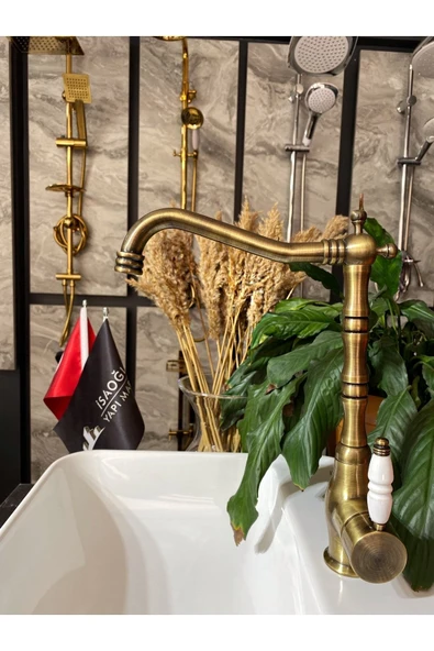 Antik Gold Zen Design Rustik Mufak Bataryası Mat Gold Rustik Batarya Pirinç Musluk Altın Evye Musluk ürün görseli 1