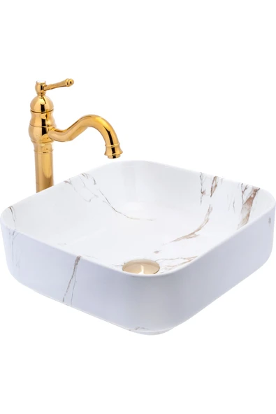 Çanak Lavabo Mermer Desenli Beyaz Seramik Çanak Lavabo 38X38 Armatür Hariçtir ürün görseli 1