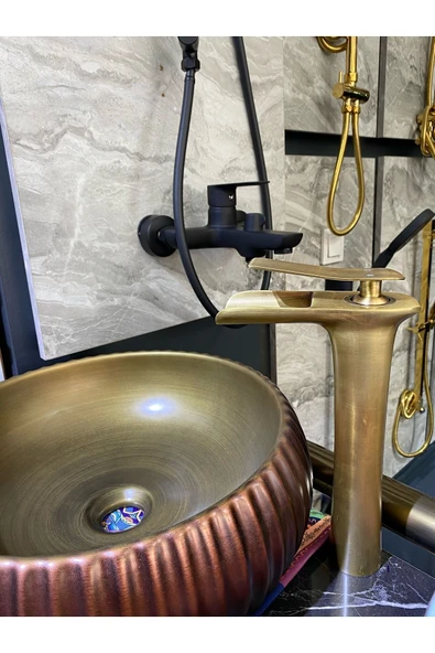 Antik Gold Ocean Şelale Çanak Lavabo Bataryası Mat Gold Çanak Lavabo Bataryası Altın Lavabo Musluğu ürün görseli 1