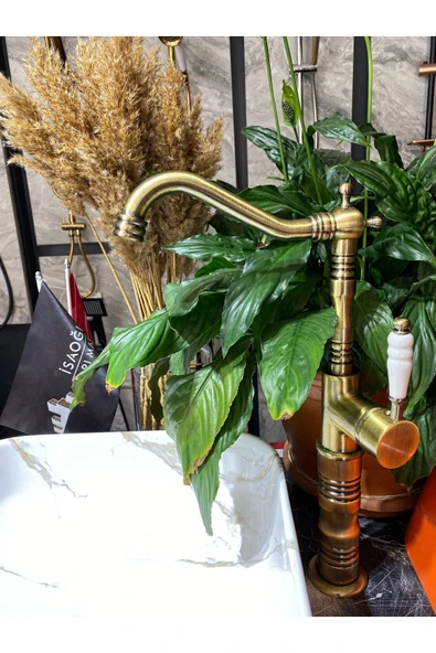 Mat Gold Çanak Lavabo Bataryası Eskitme Çanak Bataryası Antik Gold Rustik Lavabo Bataryası ürün görseli 1