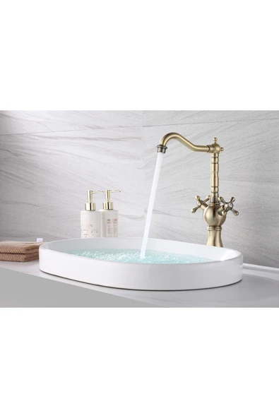 Mat Gold Çanak Lavabo Bataryası Vintage Musluk Antik Gold Lavabo Bataryası ürün görseli 1