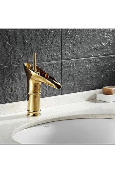 Gold Lavabo Musluğu Şelale Batarya Doğal Akışlı Musluk Altın Batarya ürün görseli 1