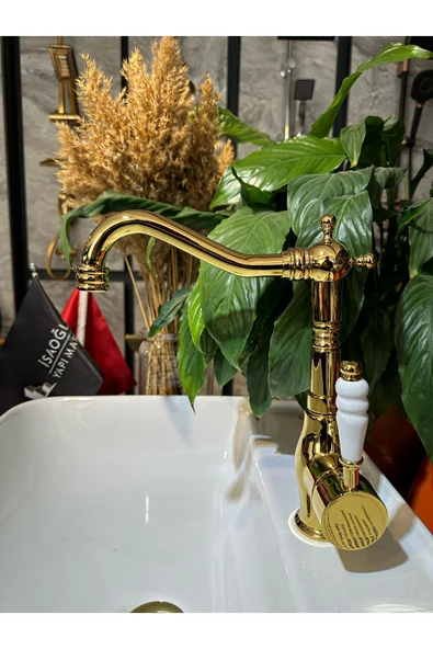 Gold Lavabo Bataryası Zen Design Kolay Abdest Yüksek Lavabo Musluğu Klasik Tasarım Gold ürün görseli 1