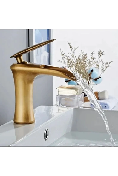 Antik Gold Lavabo Bataryası Şelale Musluk Mat Gold Doğal Akışlı Lavabo Musluğu ürün görseli 1