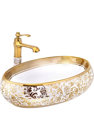 Gold Çanak Lavabo Gold Beyaz Seramik Lavabo İşlemeli 60x40 Armatür Hariçtir ürün görseli 1