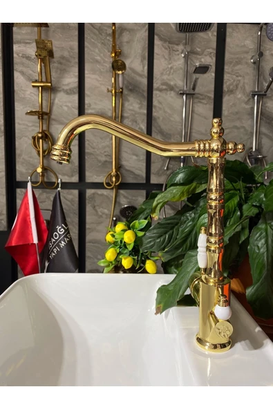 Altın 3 Yollu Mutfak Bataryası Gold Zen Design Arıtmalı Rustik Mutfak Bataryası Evye Musluğu ürün görseli 1