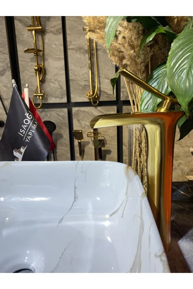 Mat Gold Çanak Lavabo Bataryası Şelale Lavabo Musluğu Fırçalanmış Mat Altın Batarya ürün görseli 1