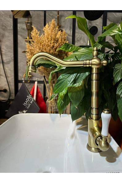Antik Gold Mutfak Bataryası Vintage Evye Musluğu Porsalen Kulp Armatür ürün görseli 1