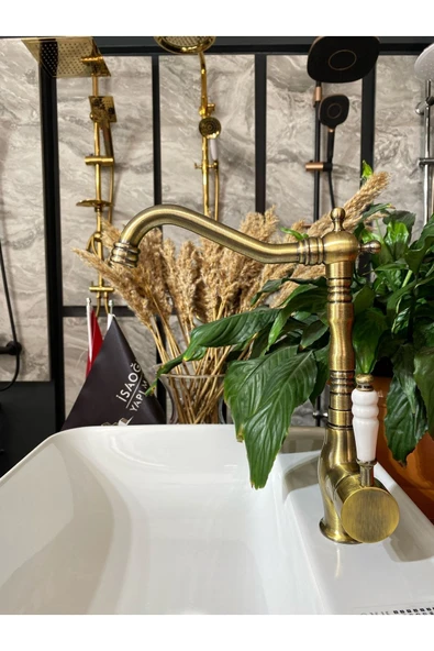 Antik Gold Eskitme Rustik Mutfak Bataryası Sarı Evye Musluğu Altın Rustik Batarya Mat Altın Musluk ürün görseli 1