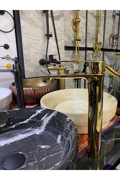 Gold Çanak Lavabo Bataryası Altın Çanak Musluğu Kare Slim Tasarım Çanak Bataryası Parlak Gold ürün görseli 1