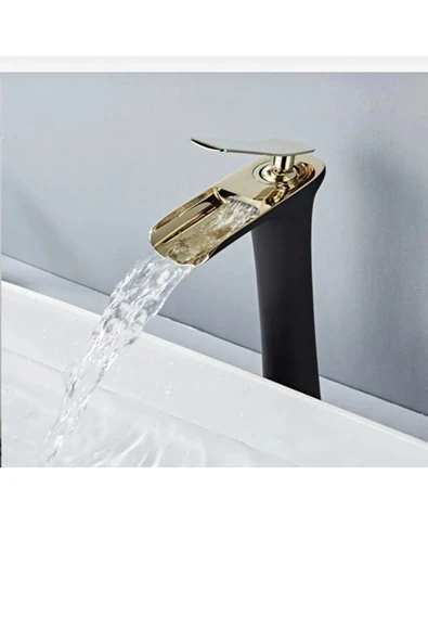 Şelale Lavabo Bataryası Çanak Lavabo Musluğu Siyah Gold Naturel Akışlı Batarya ürün görseli 1
