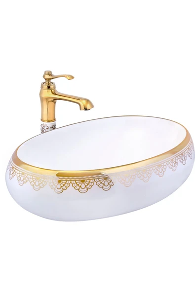 Altın Çanak Lavabo Gold Beyaz Seramik Lavabo İşlemeli Vintage 60X40 Armatür Hariçtir ürün görseli 1
