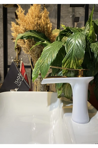 Lavabo Bataryası Şelale Lavabo Musluğu Gold Beyaz Lavabo Armatürü Naturel Doğal Akış ürün görseli 1
