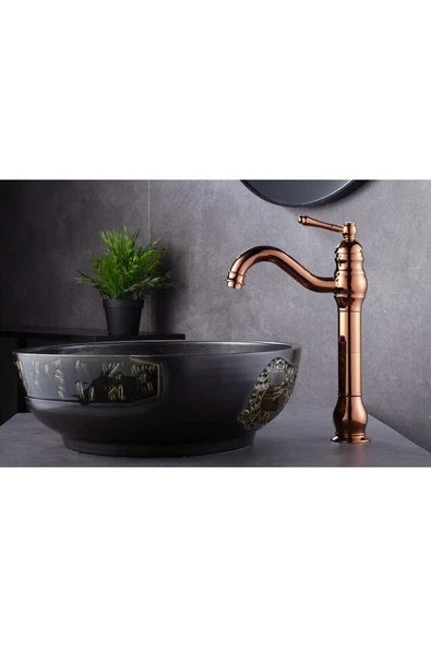 Bakır Çanak Lavabo Bataryası Bronz Lavabo Musluğu Polina Çanak Batarya Rose Bakır Musluk ürün görseli 1