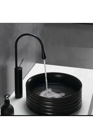 Siyah Çanak Lavabo Bataryası Modern Tasarım Banyo Bataryası Drop Design Siyah Çanak Batarya ürün görseli 1